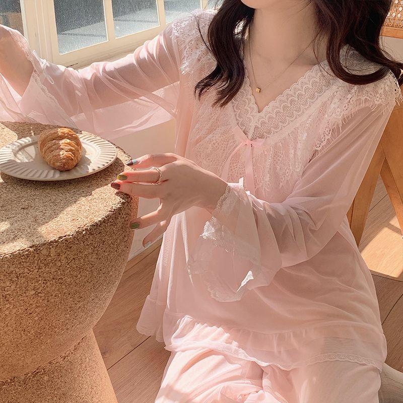 V-neck Summer Pajamas for Women Pajama Women Spring and Autumn Long Sleeve Modal Lace Mesh Sweet Princess Style Home Dress Set