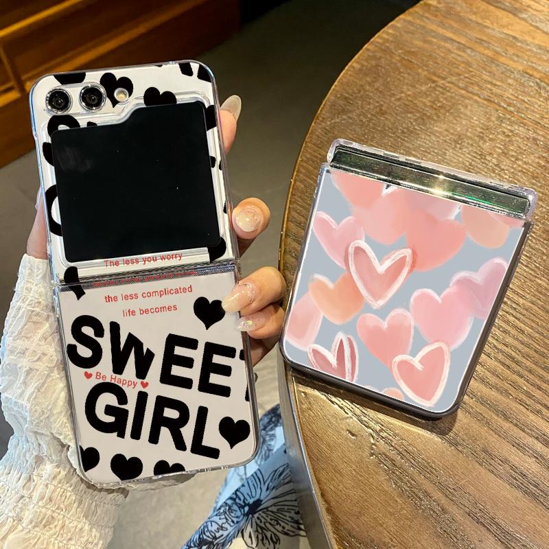 Cute Love Heart Case For Samsung Galaxy Z Flip 6 5 4 3 5G Folding Hard PC Transparent Phone Back Cover For Samsung Z Flip5 Flip6