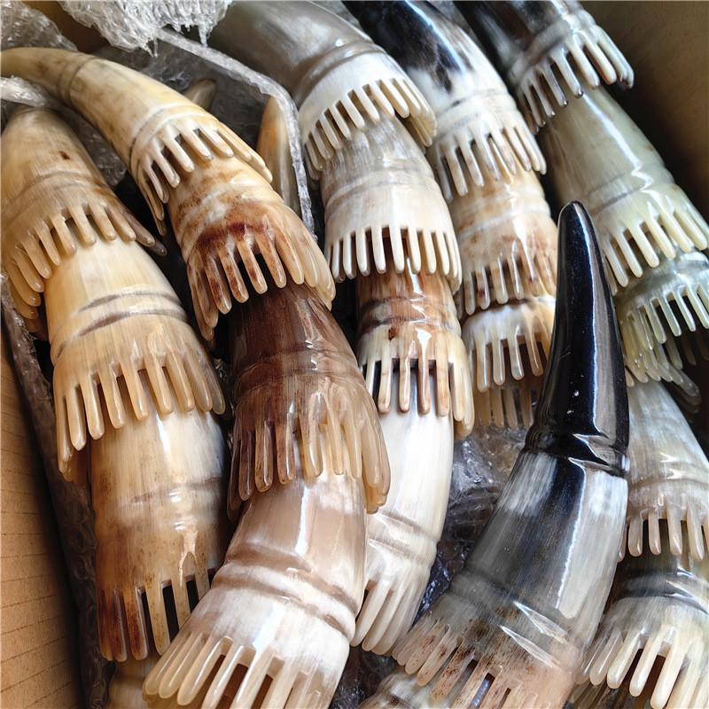 Thick Yellow Long-Handled Cow Horn Brush: Head Massager & Shampoo Comb