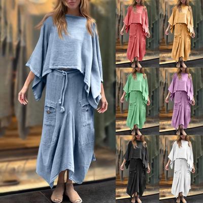 Women's Fashion Color Round Neck Long Sleeved Top Loose Skirt Two Piece Casual Set