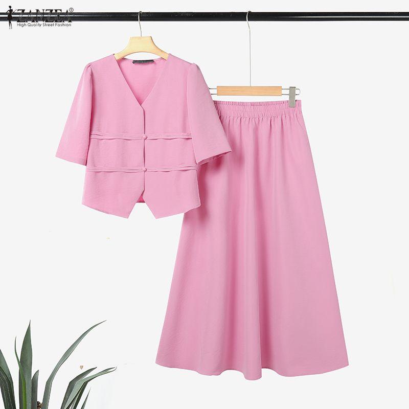 ZANZEA Women Short Sleeve Blouse and Long Skirts Summer Two Piece Suit Sets