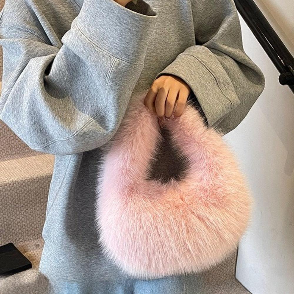 Elegant Faux Furry Texture Purse Half Moon Shape Tote Bag Trend Plush Clutch Handbags Winter