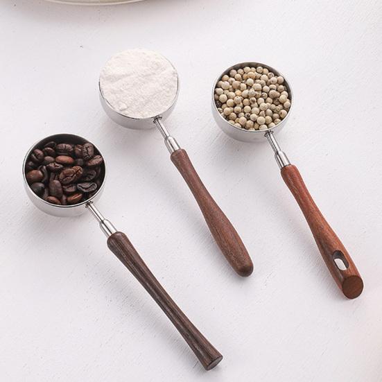 Measuring Spoon with Wood Handle, Stainless Steel Baking Scoop, Coffee Bean Milk Powder Teaspoon for Sugar Spice, Kitchen Gadget