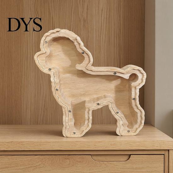Children Piggy Bank Wooden Dog with Clear Front, Unbreakable Puppy Coin Cash Front Container, Decorative Animal Money Saving Box for Boys Girls
