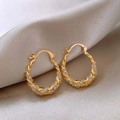 Luxury Shiny Zircon Twisted Hoop Earrings for Women Fashion Gold Color U Shaped Geometric Earrings Ear Accessories Party Zircon