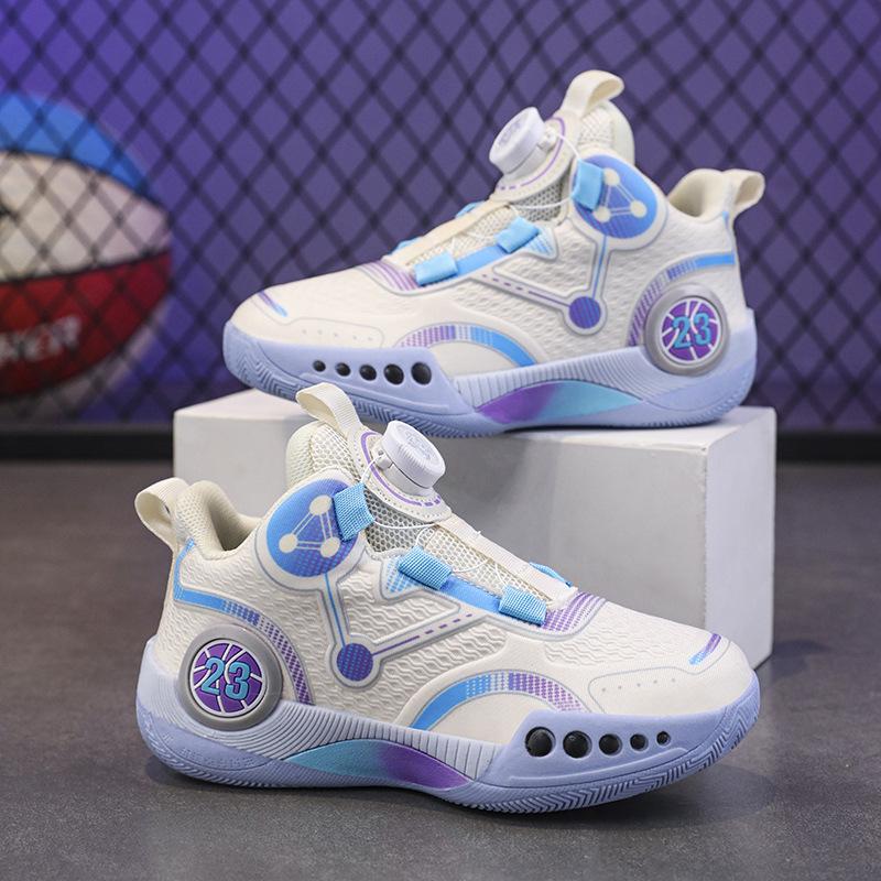 Youth 2025 New Mesh Children's Basketball Shoes Boys Rotating Button Sneakers Middle and Older Children's Students Battle Boots