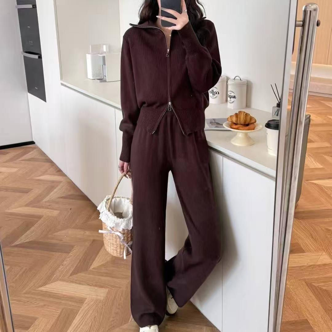 

Женский модный кардиган-свитер с длинными рукавами и двойной молнией, брюки, спортивный костюм-двойка, повседневный кардиган для женщин One size кофейный