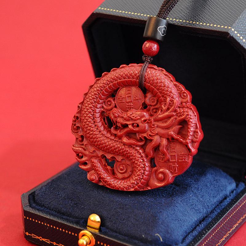 Cinnabar Vermilion Dragon Pendant: Auspicious Openwork Design for Peace and Prosperity