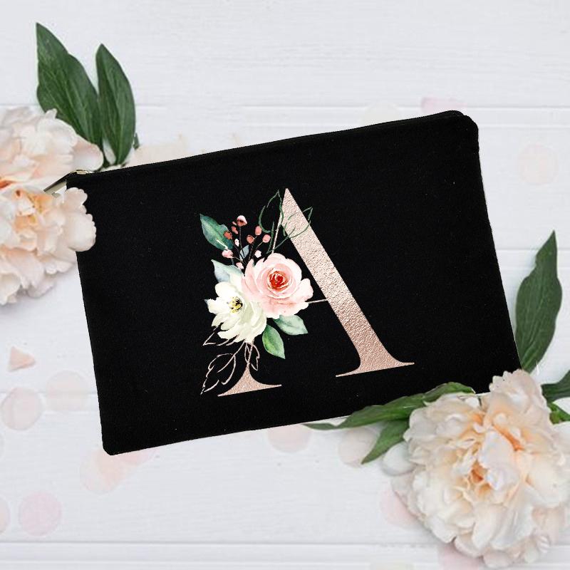 Borsa per il trucco floreale con alfabeto, damigella d'onore, damigella d'onore, festa, matrimonio, addio al nubilato, regalo, in tela, con cerniera, per cosmetici