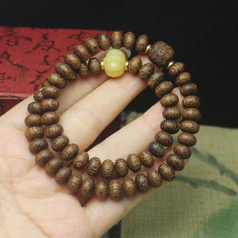 8mm Agarwood Old-Style Beads Double Layer Bracelet with Wooden Lotus Pendant