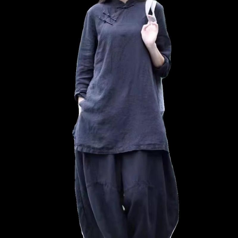 2026 Spring/Summer Retro Frog Button Cotton Linen Mid-Length Zen Tea Pants