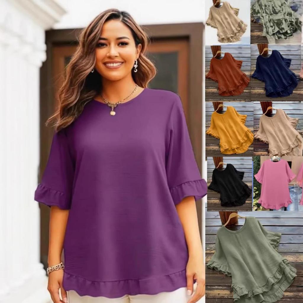 Sommer Übergröße Baumwolle Leinen Taschen T-Shirt für Damen - Mittleren Alters & Ältere