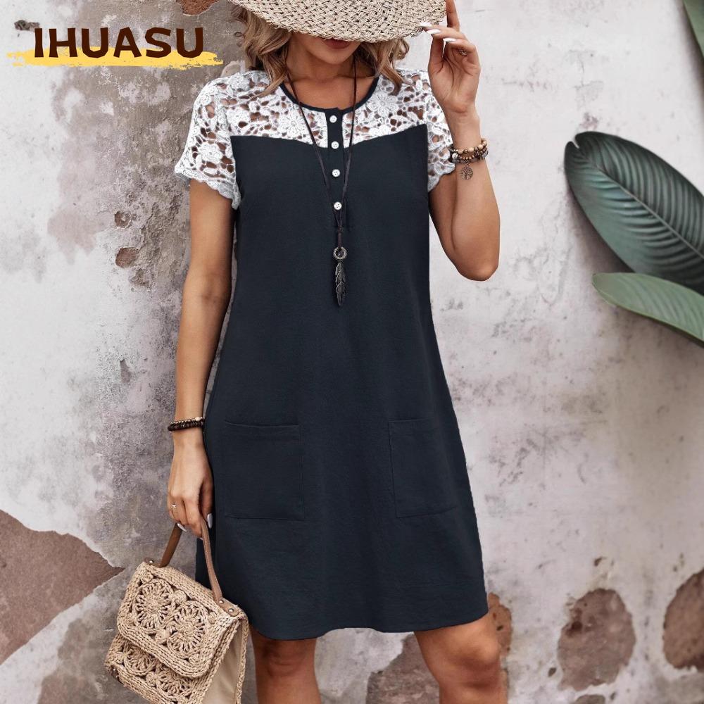 IHUASU Abiti Casual Estivi Primaverili a Manica Corta con Scollo a O