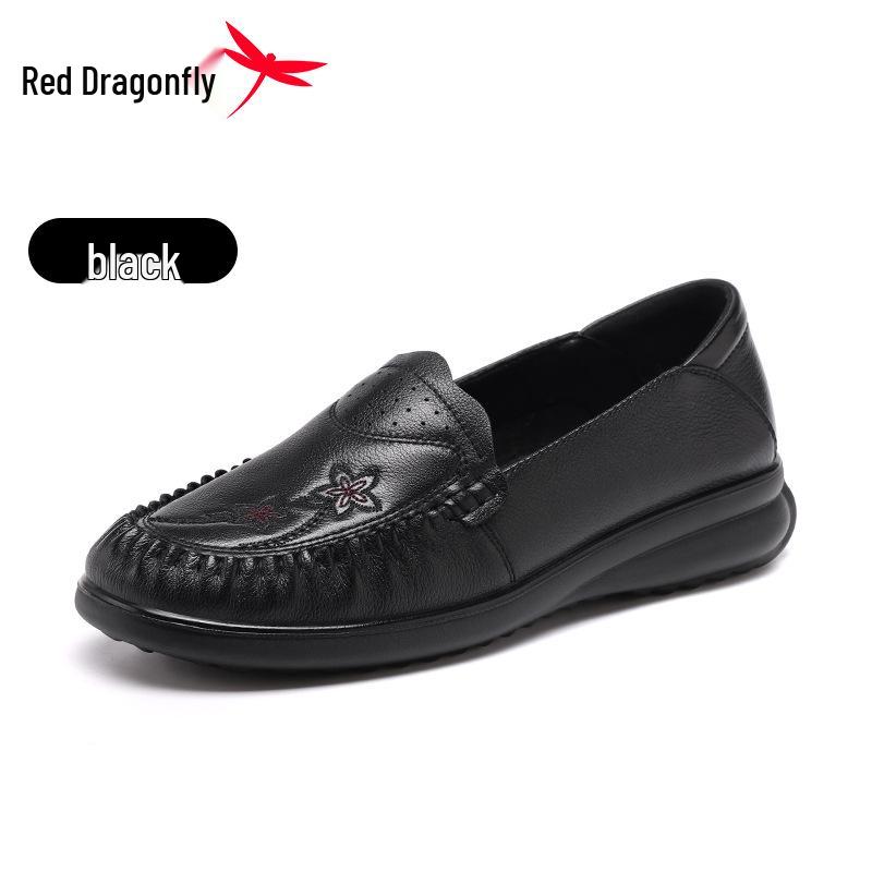 Red Dragonfly Women's Spring Loafers - Genuine Leather Non-Slip Slip-on Shoes for Middle-Aged and Elderly with Soft Cowhide Sole