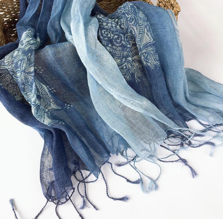 Gradient Blue Color Linen Soft Scarves Women Tie Dyed Ethnic Design Scarf Summer Travel Sunscreen Long Shawl 60x185cm