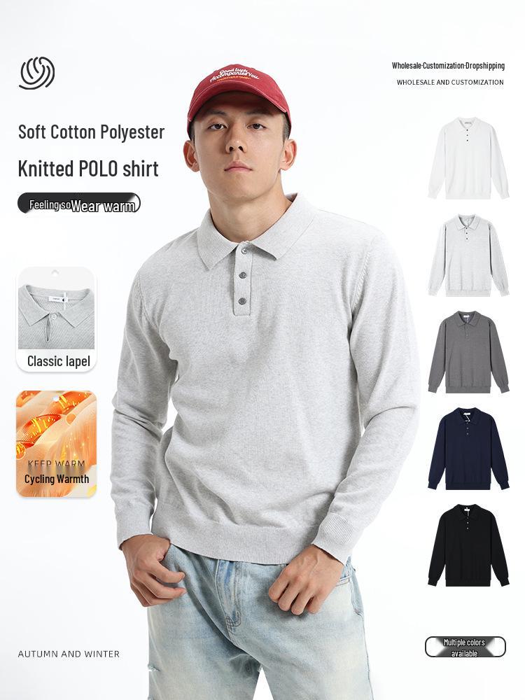 Herbst Winter High-End Herren Poloshirt Pullover mit Kragen - Mittelalter Business Stil, Warme Strickware mit langen Ärmeln.