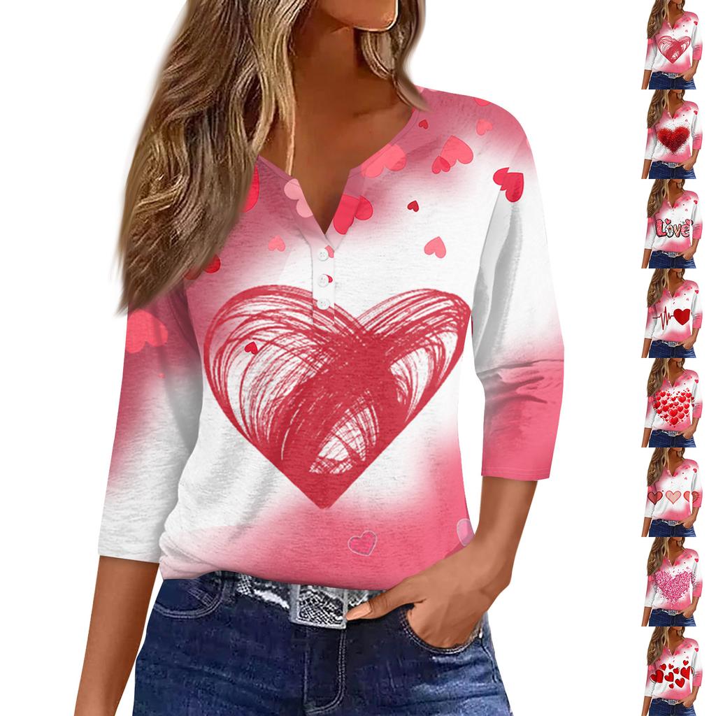 Camiseta feminina com estampa de botão, manga 3/4, moda diária de fim de semana, básica, decote em V, top regular