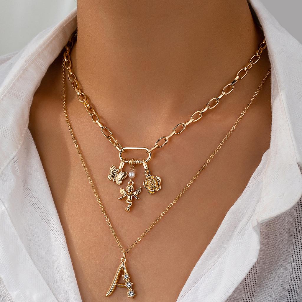 European and American High-end Double-layer Layered Angel Letter Multi Pendant Fashion Personality Light Luxury Niche Necklace for Women