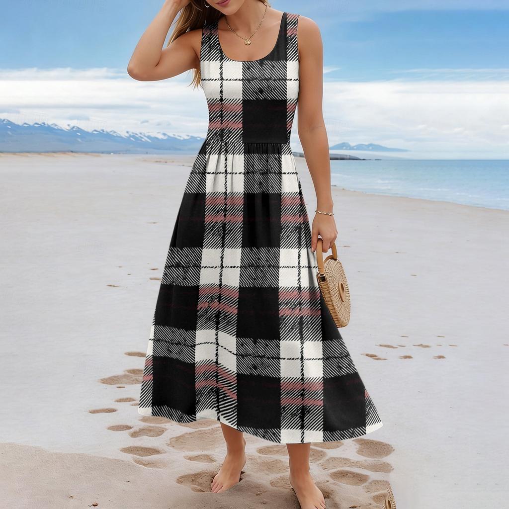 Ladies' Checkered Summer Casual and Fashionable Sleeveless Long Dress