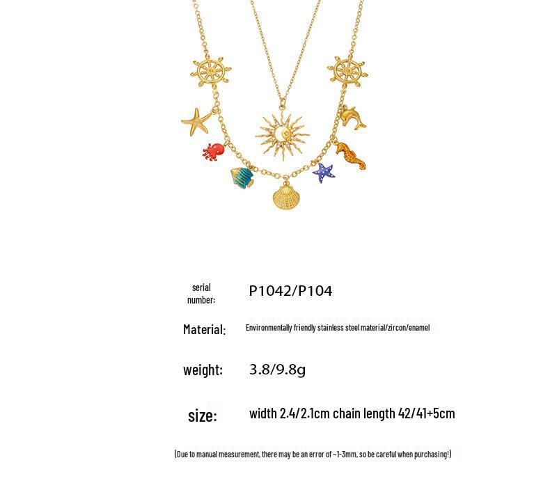 Oumayka Ocean Vacation Style Drip Oil Starfish, Seashell & Seahorse Stainless Steel Necklace