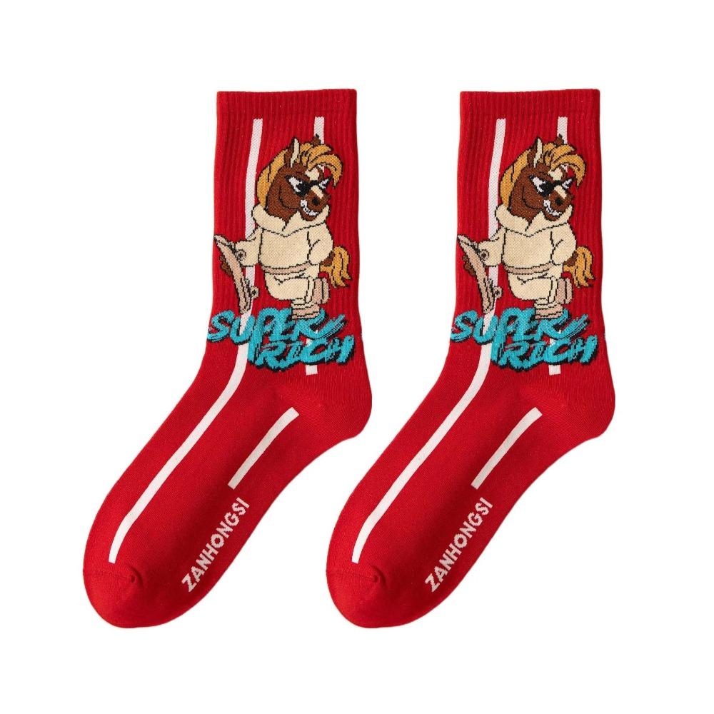 Chinese Culture Year of The Horse Socks Cartoon Red Cotton Socks Zodiac Year Socks Winter Autumn