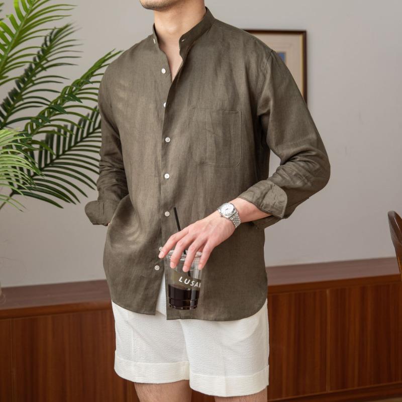 Men Linen Blend Mandarin Collar Long Sleeve Shirt Casual Breathable Lightweight Spring Autumn Shirt