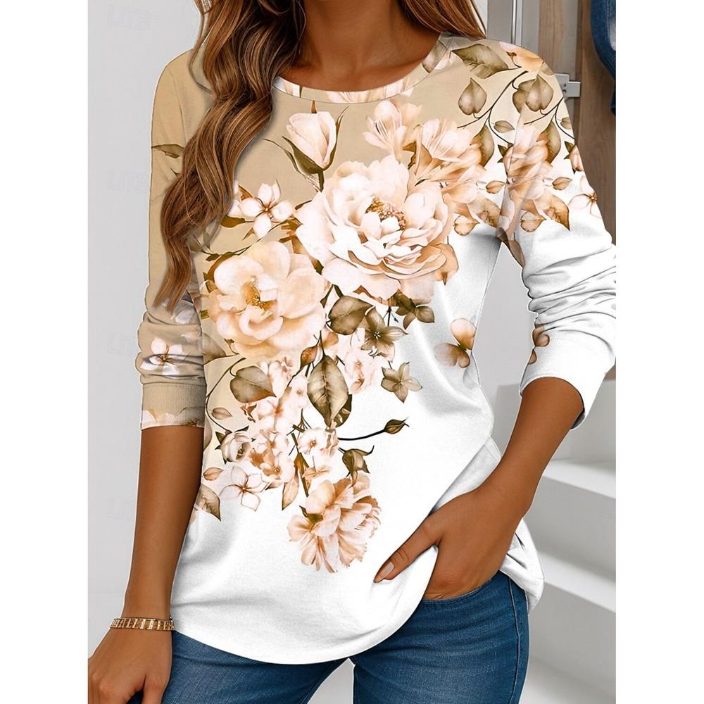 Summer Women's T Shirt Floral Graphic Plants Stylish Casual Long Sleeve T-shirts Round Neck Regular Tops Flower Printed Pullover