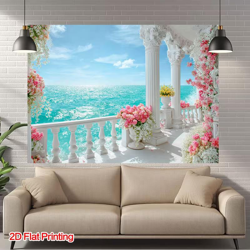 2D Beach View Floral Balcony Backdrop for Wedding Photos