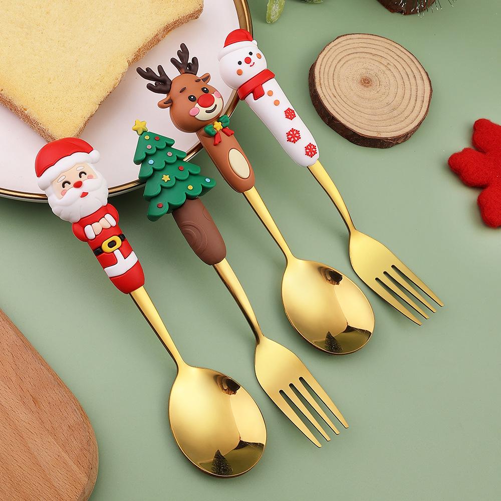 Reindeer Cartoon Christmas Spoon & Fork Set - Cute Stainless Steel Gift in Color Box