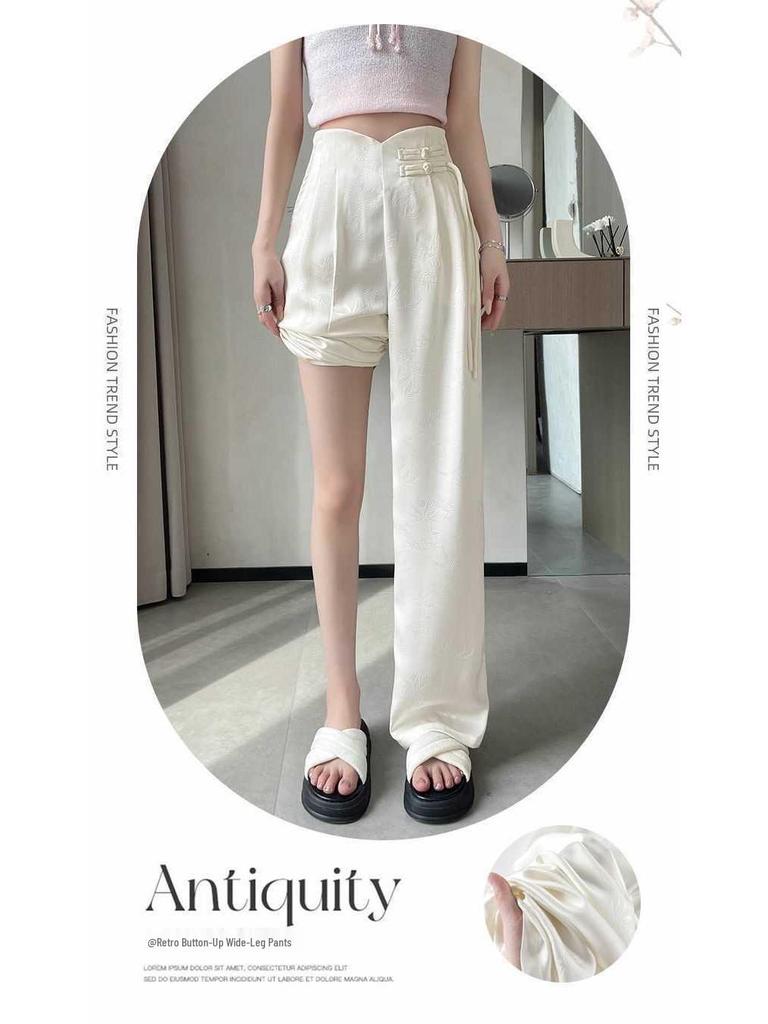 2026 Spring/Summer Chinese Style Satin Wide-Leg Frog Button Pants - Women's Slimming Straight-Leg, Floor-Length Business Trousers