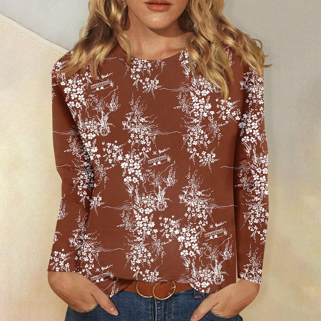 Women's Basic Long-sleeved T-shirt, Round Neck, Leaf Print, Plain Top, Everyday Pullover, Party Gift, Versatile T-shirt