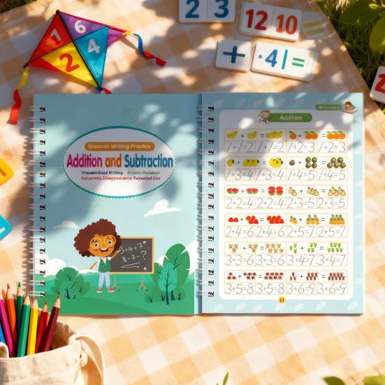 4Pcs Writing Exercise Book Practice Copybook Handwriting Workbook Kit with Letters Numbers English Grooved Learning Activity Workbook for Kids