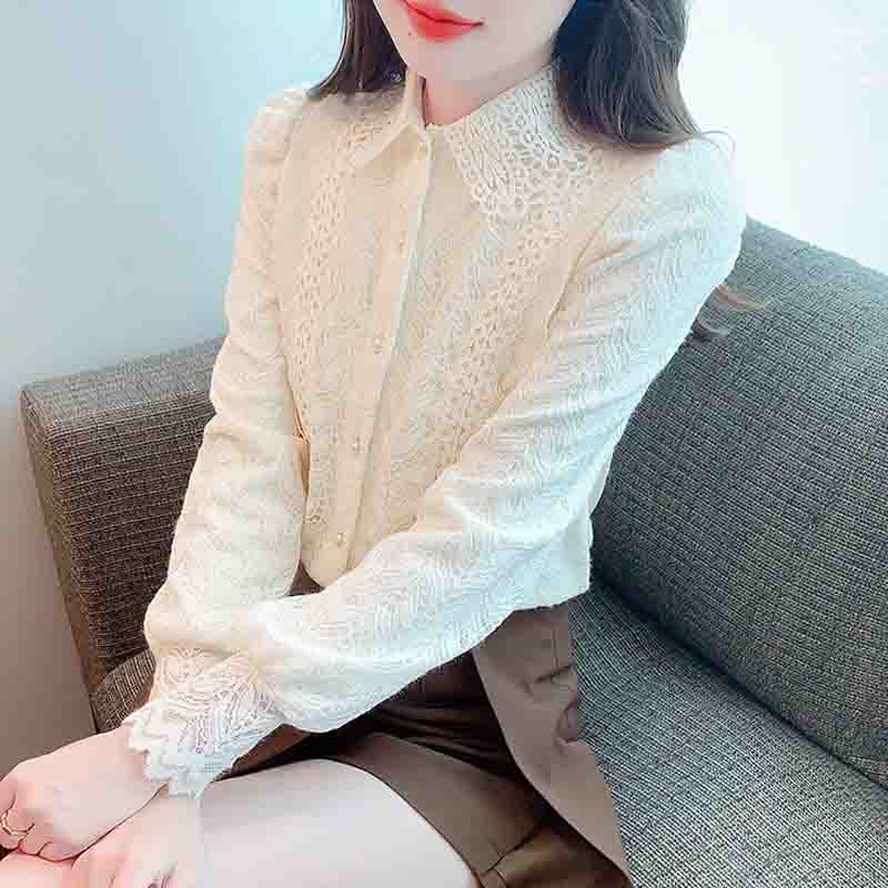 New 2025 Fashion Winter Long Sleeve Turn Down Collar Apricot Velvet Lace Blouse Shirt Women Tops Blouses Shirts J782