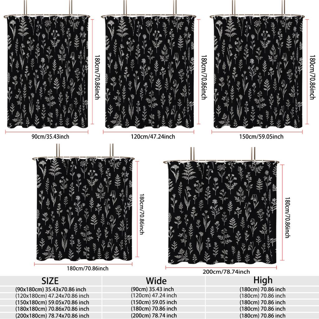 1PC Simple Black and White Hand-drawn Plant Flower Shower Curtain Waterproof Bathroom Partition Privacy Hanging Curtain