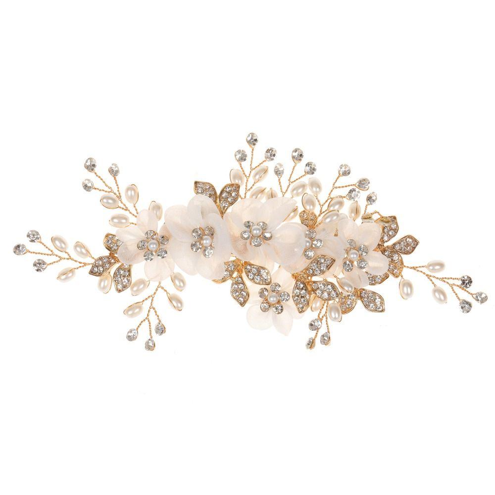White Silk Flower Women Hair Pins Pearl Crystal Bride Tiara  Hair Accessories Jewelry