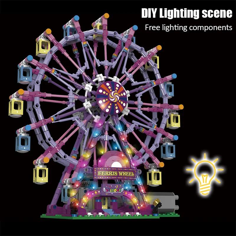 Non-Toxic Zkzc Cherry Blossom Color City Friends Seven Colors Led Rotating Ferris Wheel Building Blocks Electric Bricks Toy Children Gifts