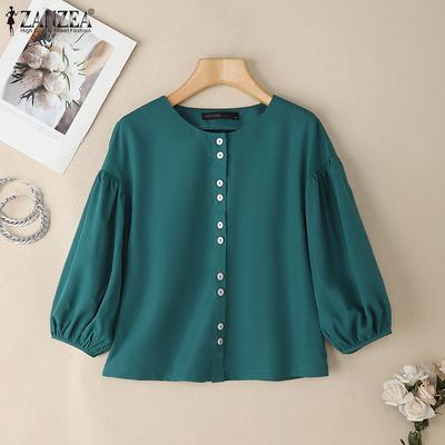 Blusa feminina de verão com decote redondo e cor sólida, casual, manga 3/4