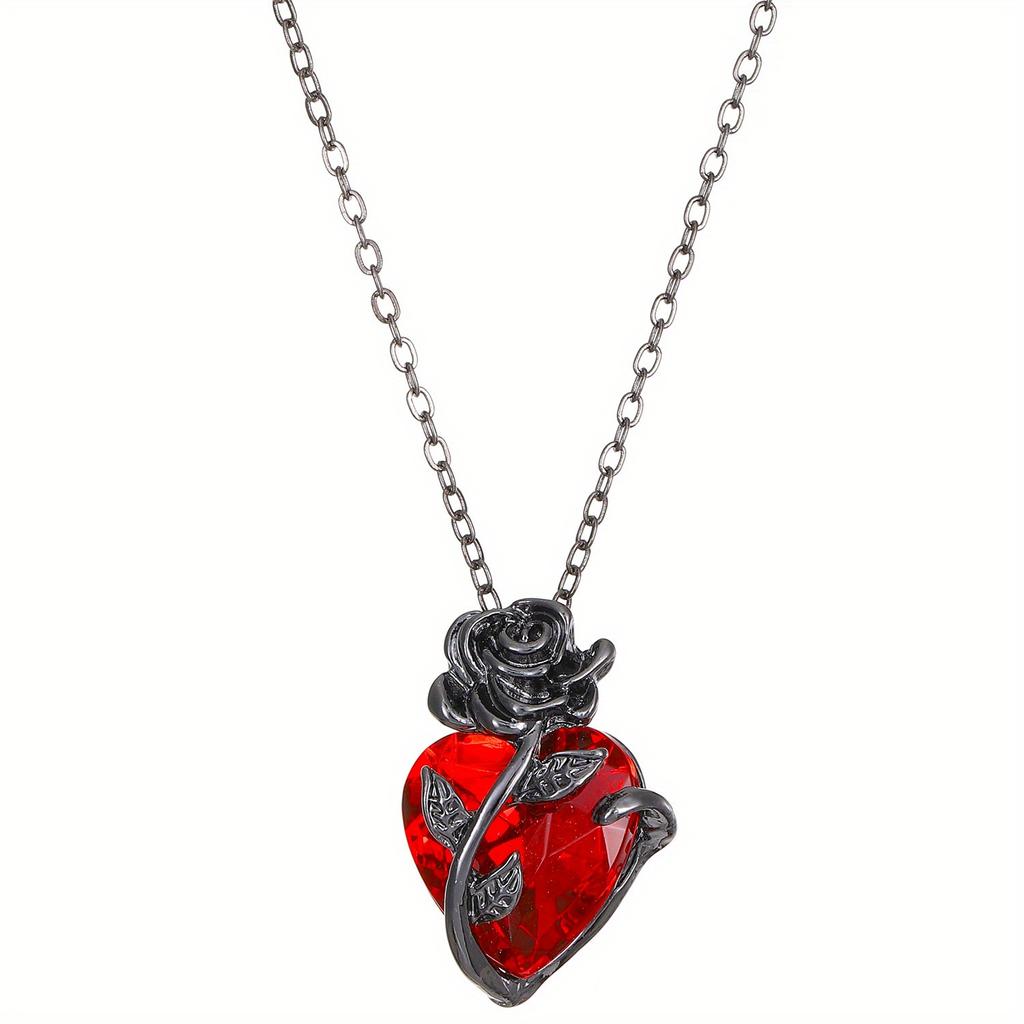 Gothic Dark Style Black Rose Wrapped Red Stone Peach Heart Pendant Necklace