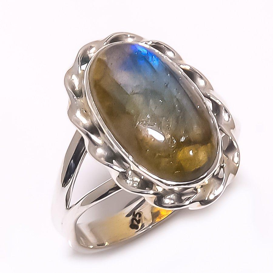 Natürlicher Labradorit Edelstein Handgefertigt 925 Massiv Sterling Silber Ring Größe 9 s3p90