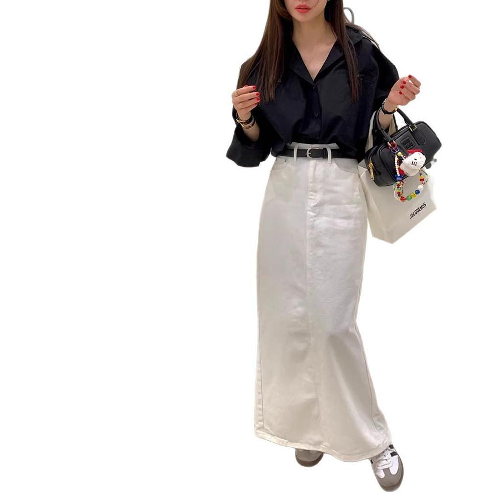 2026 Korean Chic High-Waisted Back Slit Denim Midi Skirt