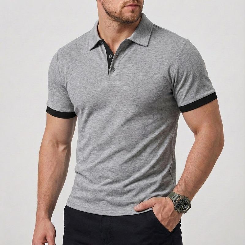 Men Turn Down Collar Short Sleeve Polo Shirt Contrast Cuff Slim Fit Casual Business Daily Tops