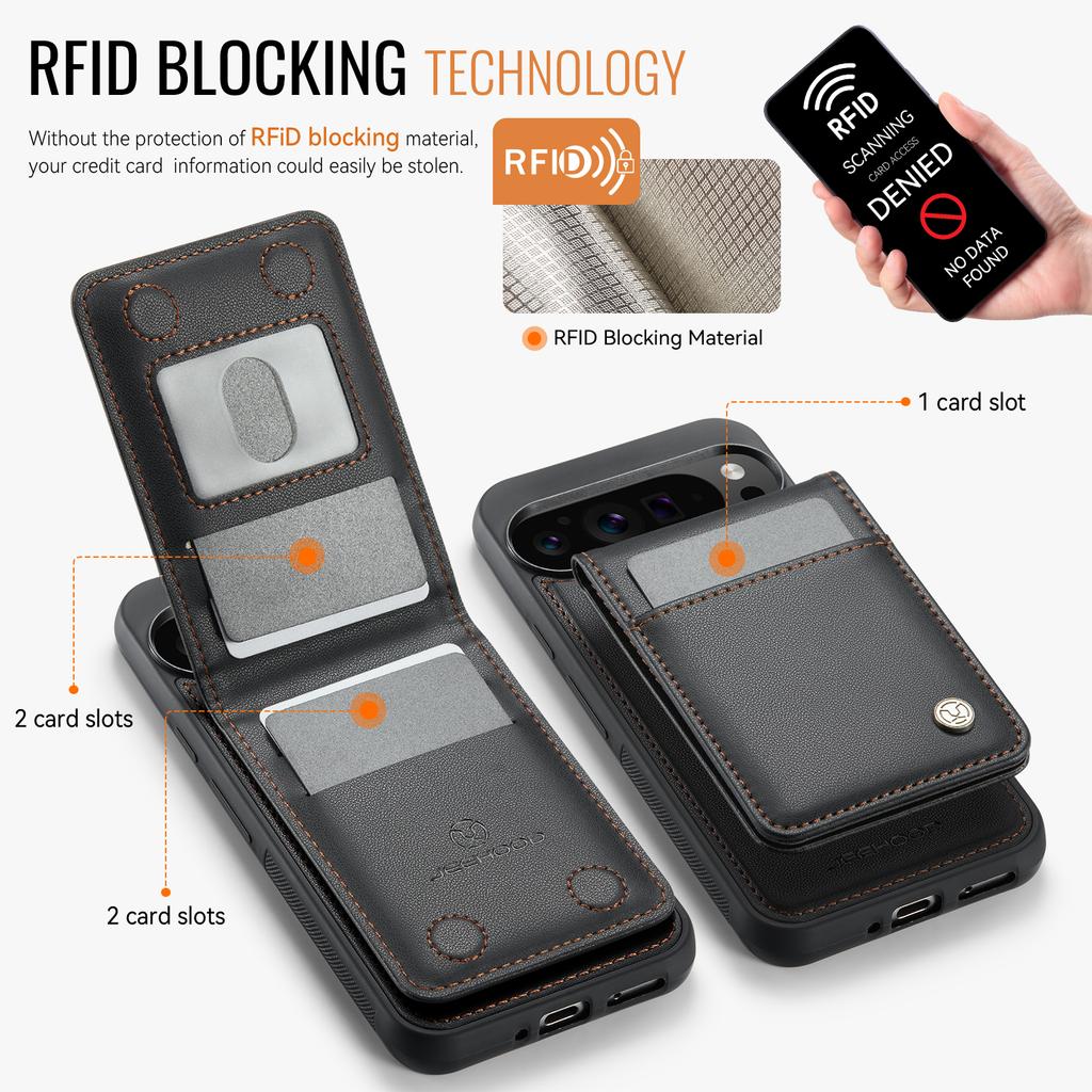 For Google Pixel 9 Pro XL Leather Back Cover Compatible with MagSafe JEEHOOD J06 Phone Case with Card Bag RFID Blocking