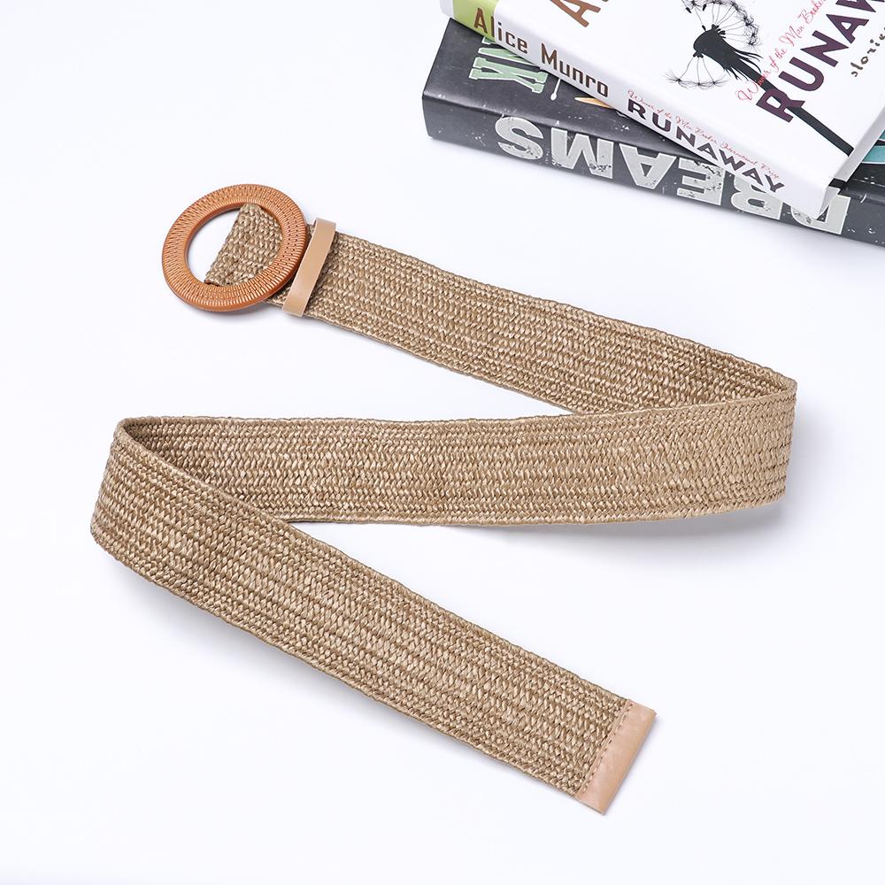 Round Wooden Buckle Dress Belt For Women Elastic Straw Belt Casual Braided Wide Strap Woven Girls PP Fashion Female Designer