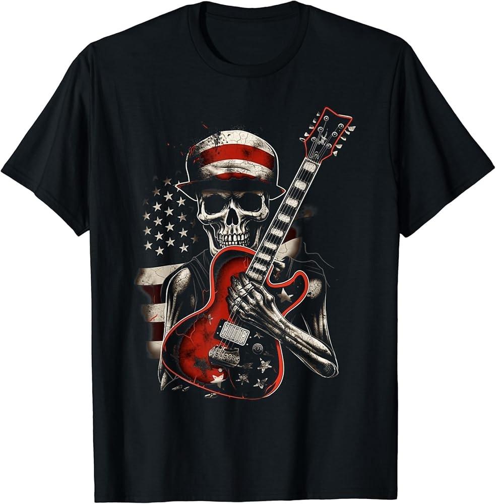 American Flag Guitar Vintage Rock and Roll Skull Guitarist TShirt Unisex T-Shirt
