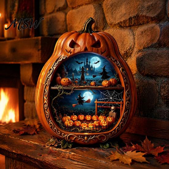 Rustic Halloween Tabletop Decor Centerpiece Pumpkin, Wooden Pumpkin Ornament with Miniature Scenes, Jack-o'-lantern Table Decorations Skeleton