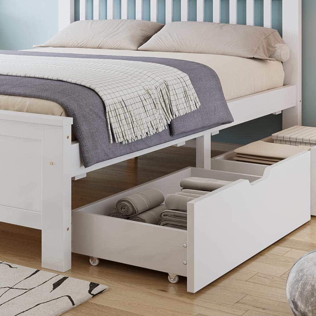 Wooden Bed, Double Bed, Youth Bed, Adult Bed, with Storage Drawers, Frame Made of Pine Wood, White (140x200cm)