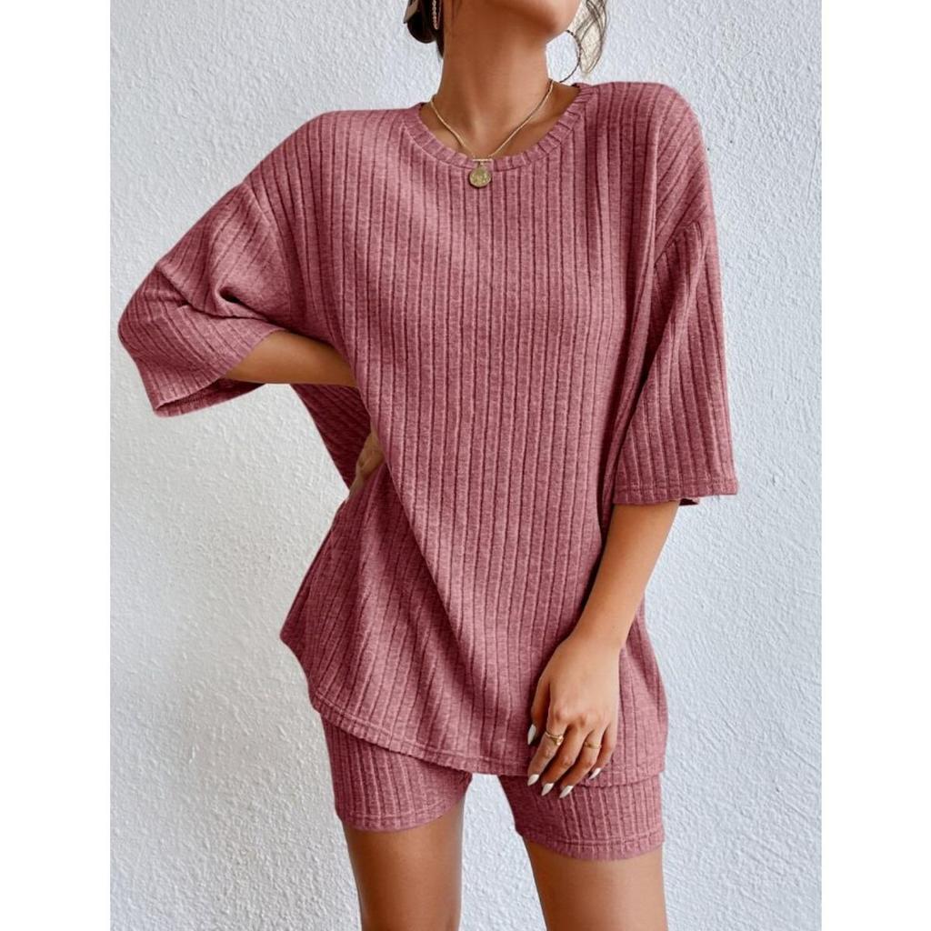 Casual Solid-color Spring Round-neck Loose-fitting Women's Short Pants Set