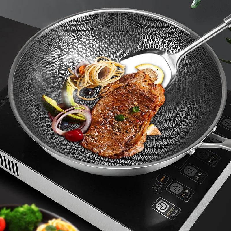 430 Stainless Steel Wok Skillet Thick Honeycomb Handmade Frying Pan Non-Stick Non Rusting Gas/Induction Cooker kitchen cook