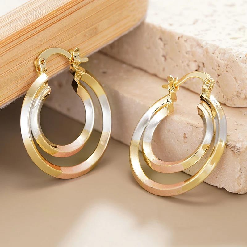 Huitan Luxury Women Three Tone Metal Hoop Earrings for Wedding Party Engagement Elegant Delicate Accessories Fashion JewelryGood Product