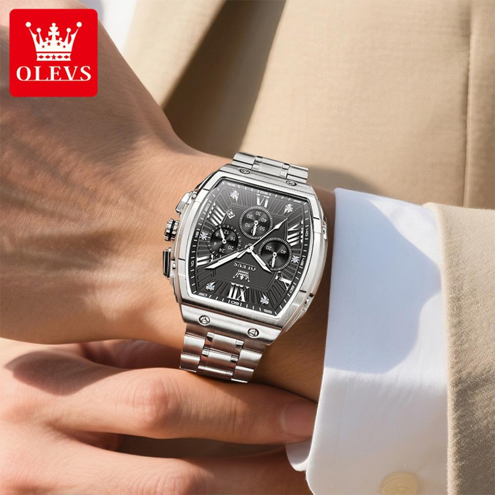 Tonneau Chronograph Men's Watches 30m Waterproof Quartz Original Wristwatch Stainless Steel Luminous Watch